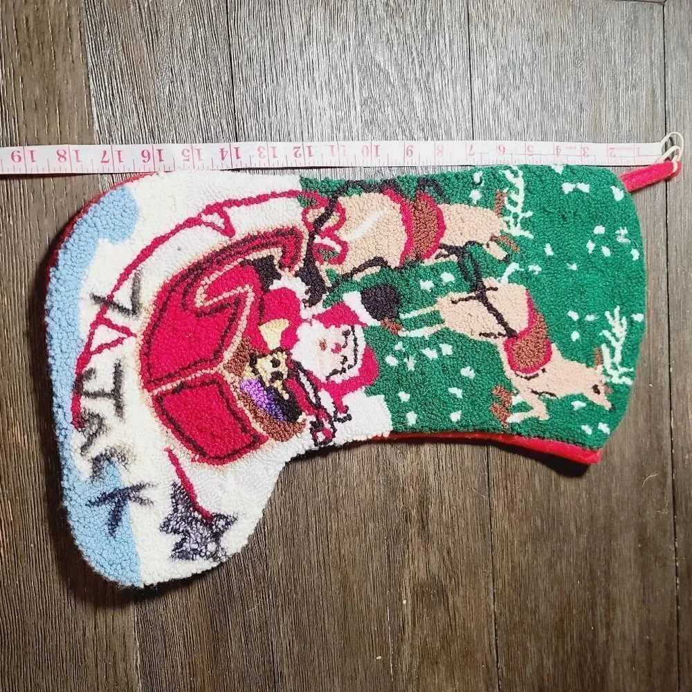 Vintage Christmas Needlepoint Stocking Santa Sleigh Reindeer